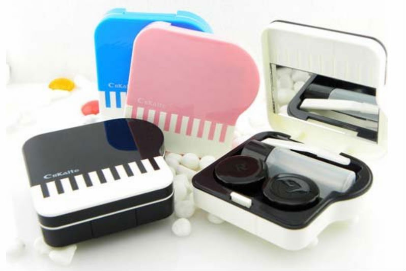 CnKaite CUTE BLACK PIANO STYLE CONTACT LENS CASE, ALL IN ONE CLEANING KIT